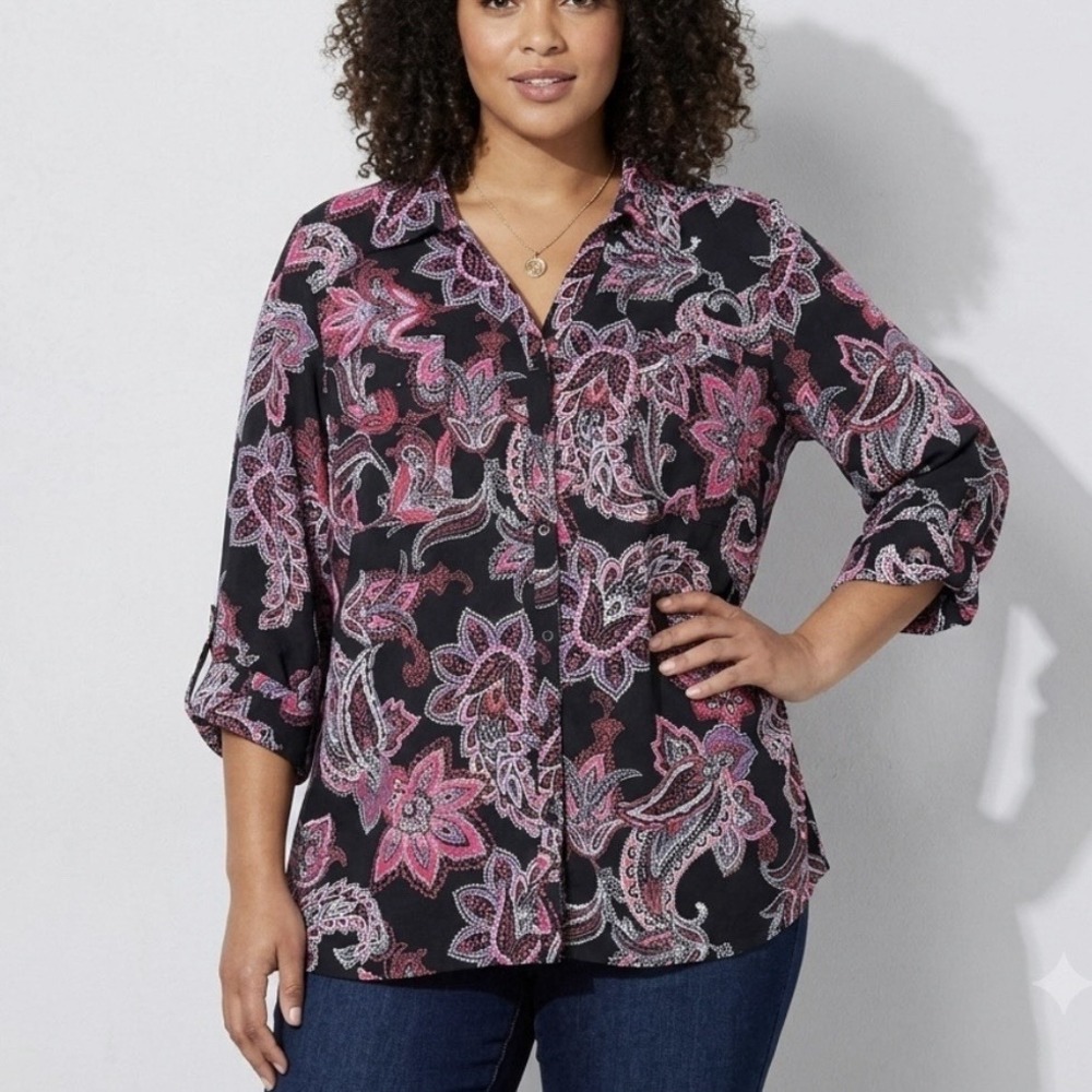 Catherines Pink Paisley Button Up 3/4 Sleeve Timeless Blouse Size 4X